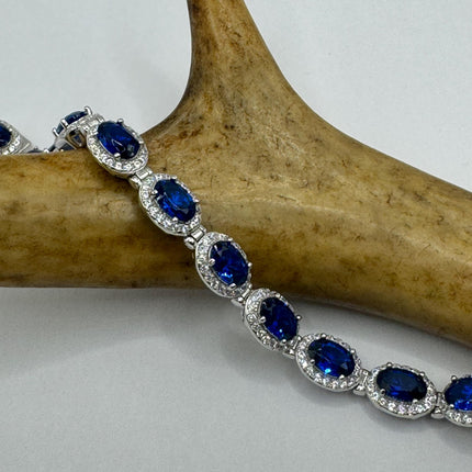 Vintage Silver Tennis Bracelet | Blue Sapphire Crystal Diamond Cubic Zirconia | 925 Sterling Silver