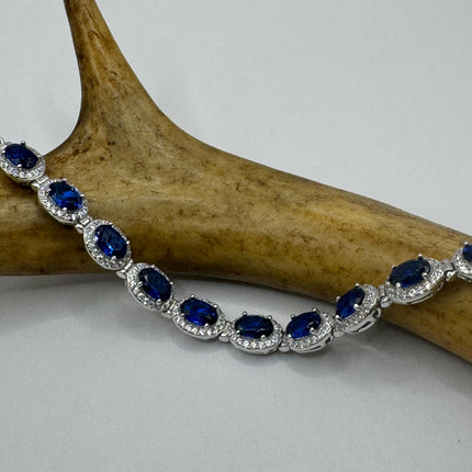 Vintage Silver Tennis Bracelet | Blue Sapphire Crystal Diamond Cubic Zirconia | 925 Sterling Silver
