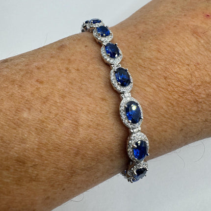 Vintage Silver Tennis Bracelet | Blue Sapphire Crystal Diamond Cubic Zirconia | 925 Sterling Silver