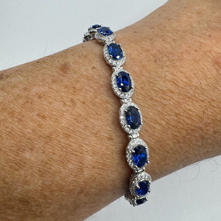 Vintage Silver Tennis Bracelet | Blue Sapphire Crystal Diamond Cubic Zirconia | 925 Sterling Silver