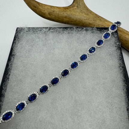 Vintage Silver Tennis Bracelet | Blue Sapphire Crystal Diamond Cubic Zirconia | 925 Sterling Silver