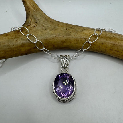 Vintage Necklace | Purple Amethyst Gemstone Dainty 925 Sterling Silver Chain Necklace | Minimalist Style Crystal