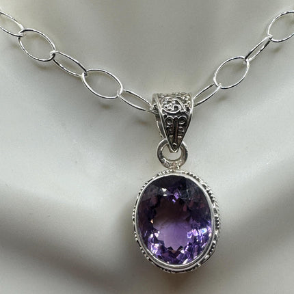 Vintage Necklace | Purple Amethyst Gemstone Dainty 925 Sterling Silver Chain Necklace | Minimalist Style Crystal