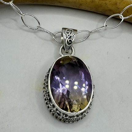 Vintage Necklace | Purple Ametrine Gemstone Dainty 925 Sterling Silver Chain Necklace | Minimalist Style Crystal
