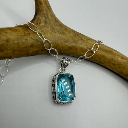 Vintage Blue topaz Necklace 925 Sterling Silver Chain Necklace | Minimalist Style Crystal