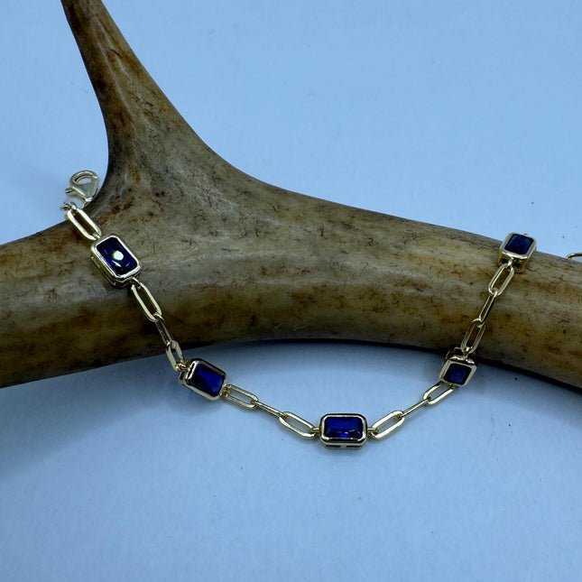 Vintage Tennis Bracelet | Simple Everyday Blue Cubic Zirconia Crystal Diamond Gemstone | Gold 925 Sterling Silver Stackable Minimal Bracelet