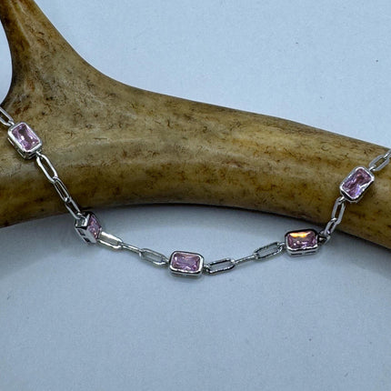 Vintage Tennis Bracelet | Simple Everyday Pink Ice Cubic Zirconia Crystal Gemstone | 925 Sterling Silver Stackable Minimal Bracelet