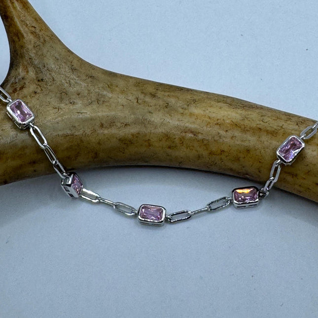 Vintage Tennis Bracelet | Simple Everyday Pink Ice Cubic Zirconia Crystal Gemstone | 925 Sterling Silver Stackable Minimal Bracelet