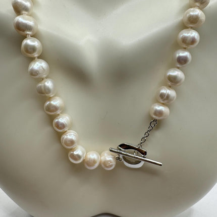 Vintage Pearl Necklace | Elegant Hand Knotted White Pearl 925 Sterling Silver Heart Toggle 18 Inch Necklace Simple every everyday minimal