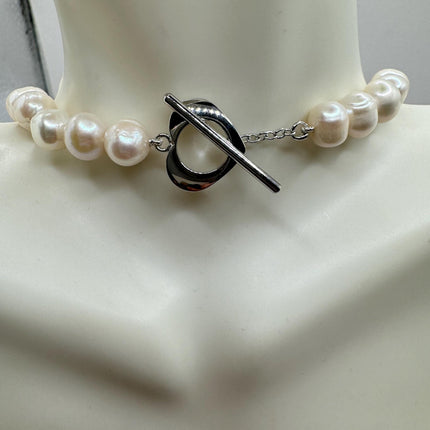Vintage Pearl Necklace | Elegant Hand Knotted White Pearl 925 Sterling Silver Heart Toggle 18 Inch Necklace Simple every everyday minimal