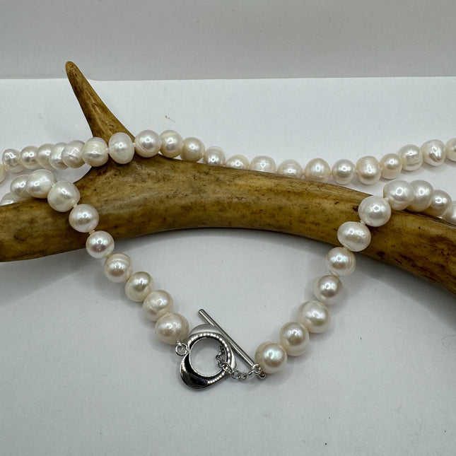 Vintage Pearl Necklace | Elegant Hand Knotted White Pearl 925 Sterling Silver Heart Toggle 18 Inch Necklace Simple every everyday minimal