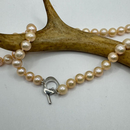 Vintage Pearl Necklace | Elegant Hand Knotted Peach Pearl 925 Sterling Silver Heart Toggle 18 Inch Necklace Simple every everyday minimal