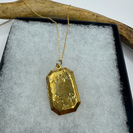 Vintage Gold Locket | Tiny 9k Gold Filled Heart Pendant Photo Memory Charm Engraved Flowers | Golden 925 Sterling Silver Chain Necklace