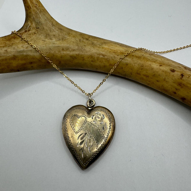 Vintage Gold Locket | Tiny 9k Gold Filled Heart Pendant Photo Memory Charm Engraved Mom and Roses | Gold 925 Sterling Silver Chain Necklace