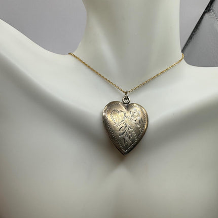 Vintage Gold Locket | Tiny 9k Gold Filled Heart Pendant Photo Memory Charm Engraved Mom and Roses | Gold 925 Sterling Silver Chain Necklace