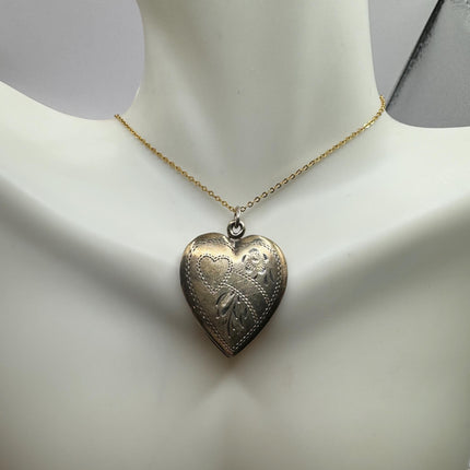 Vintage Gold Locket | Tiny 9k Gold Filled Heart Pendant Photo Memory Charm Engraved Mom and Roses | Gold 925 Sterling Silver Chain Necklace