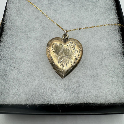 Vintage Gold Locket | Tiny 9k Gold Filled Heart Pendant Photo Memory Charm Engraved Mom and Roses | Gold 925 Sterling Silver Chain Necklace