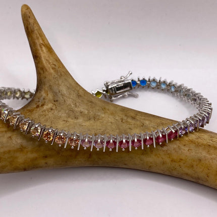 Vintage Silver Tennis Bracelet | CZ Crystal Rainbow 925 Sterling Silver Bracelet | Elegant Everyday Wedding or Prom