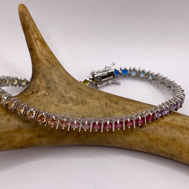 Vintage Silver Tennis Bracelet | CZ Crystal Rainbow 925 Sterling Silver Bracelet | Elegant Everyday Wedding or Prom