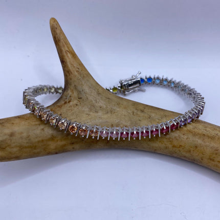 Vintage Silver Tennis Bracelet | CZ Crystal Rainbow 925 Sterling Silver Bracelet | Elegant Everyday Wedding or Prom