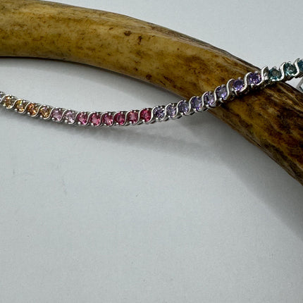 Vintage Silver Tennis Bracelet | CZ Crystal Rainbow 925 Sterling Silver Bracelet | Elegant Everyday Wedding or Prom