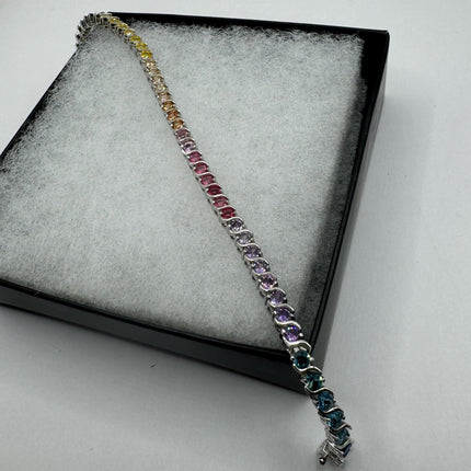 Vintage Silver Tennis Bracelet | CZ Crystal Rainbow 925 Sterling Silver Bracelet | Elegant Everyday Wedding or Prom