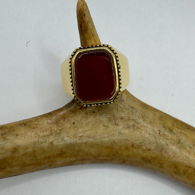 Deco, carnelian, and gold men’s signet ring. Flat faced ring, genuine, orange stone About 3/4 inch by half half inch
