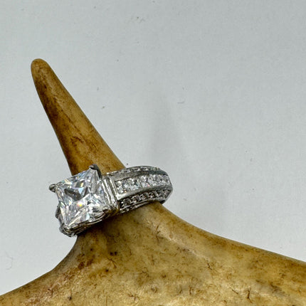 Vintage Silver Ring | Cubic Zirconia Clear Crystal Diamond Boho Cocktail | 925 Sterling Silver Antique Pave Set Wedding Band Engagement Ring