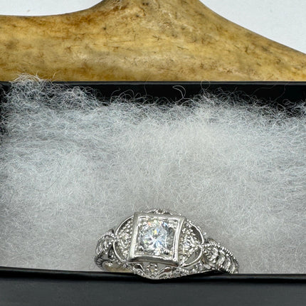 Vintage Cubic Zirconia Clear Crystal Diamond Cocktail | 925 Sterling Silver Antique Pave Set Wedding Promise Band Engagement Ring