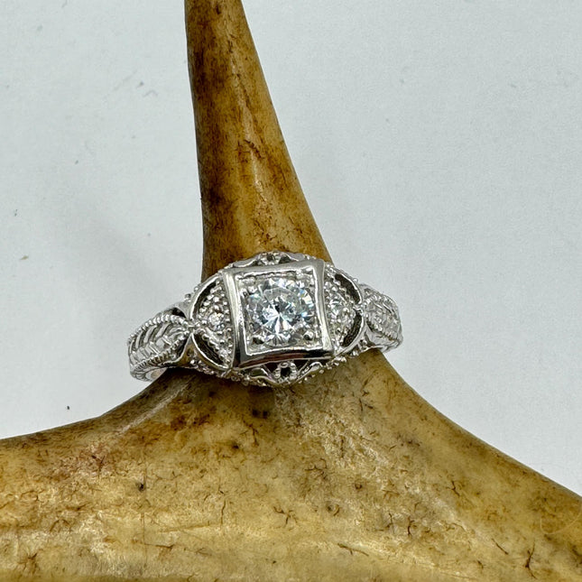 Vintage Cubic Zirconia Clear Crystal Diamond Cocktail | 925 Sterling Silver Antique Pave Set Wedding Promise Band Engagement Ring