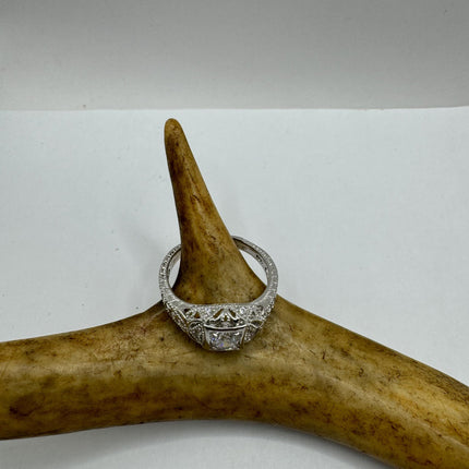 Vintage Cubic Zirconia Clear Crystal Diamond Cocktail | 925 Sterling Silver Antique Pave Set Wedding Promise Band Engagement Ring