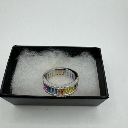 Vintage Rainbow Crystal Stacking Eternity Promise Ring Engagement Wedding Band 925 Sterling Silver