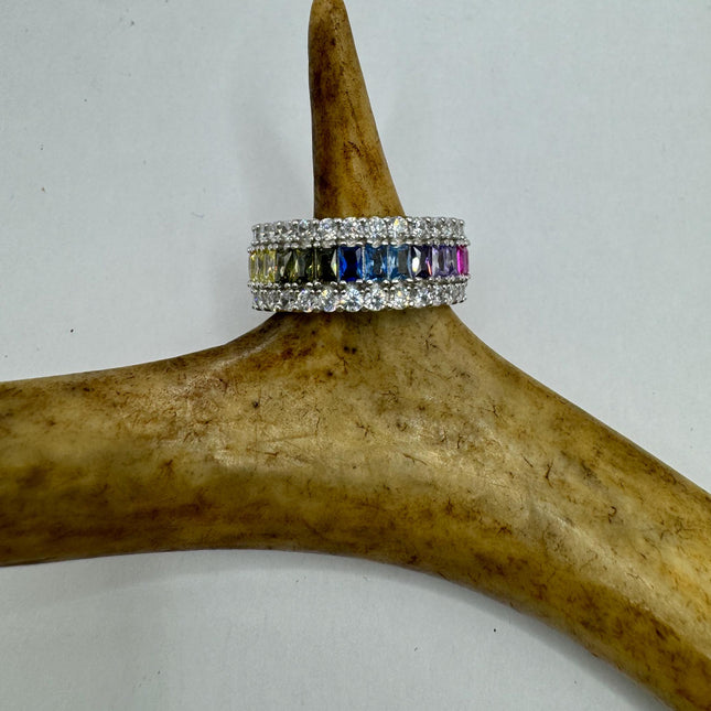 Vintage Rainbow Crystal Stacking Eternity Promise Ring Engagement Wedding Band 925 Sterling Silver