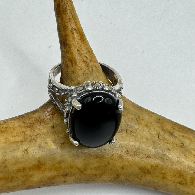 Vintage Marcasite Black Onyx Chunky Statement Cocktail Ring 925 Sterling Silver Statement Ring