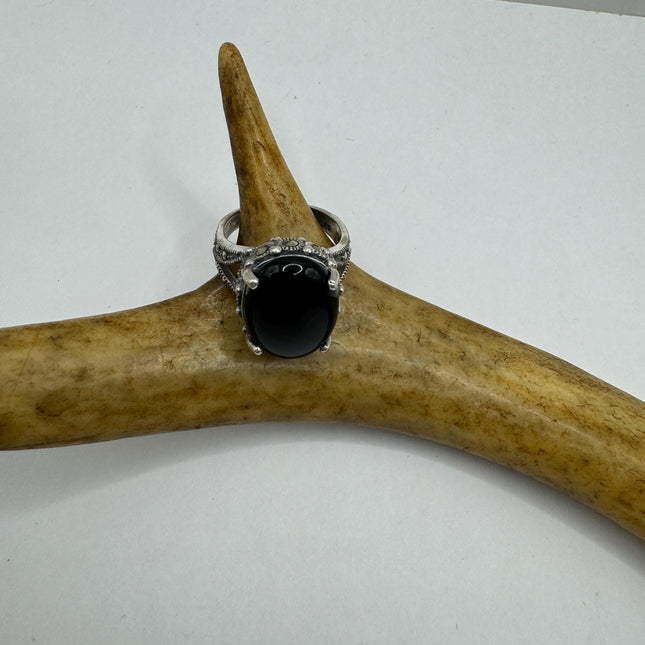 Vintage Marcasite Black Onyx Chunky Statement Cocktail Ring 925 Sterling Silver Statement Ring
