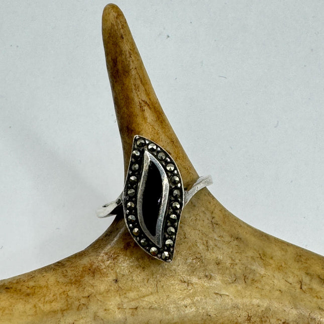 Vintage Marcasite Black Onyx Chunky Statement Cocktail Ring 925 Sterling Silver Statement Ring