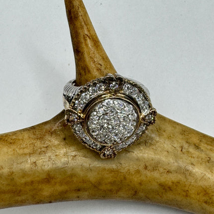 Vintage Cubic Zirconia Clear Crystal Diamond Cocktail | 925 Sterling Silver Antique Pave Set Wedding Promise Band Engagement Ring