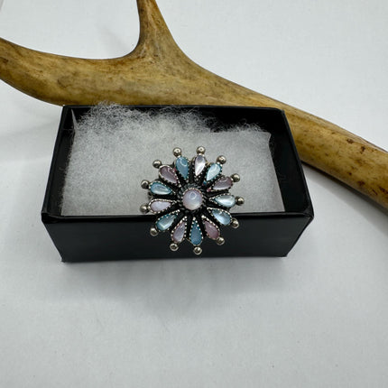 vintage pastel Mother Of pearl statement chunky Ring native American flower Engagement Wedding Band 925 Sterling Silver