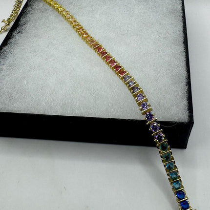 Vintage Golden Tennis Bracelet | CZ Crystal Rainbow Gold 925 Sterling Silver Bracelet