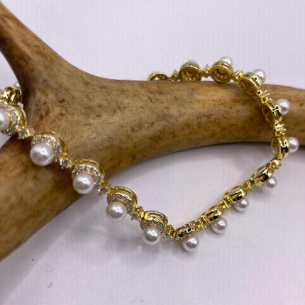 Vintage Gold Tennis Bracelet | Pearl Crystal Diamond Cubic Zirconia | Golden 925 Sterling Silver