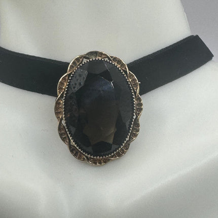 Vintage Deco Smoky Topaz Brooch Pin - Gold Filled with Black Velvet Choker - Simple Everyday Minimal Jewelry