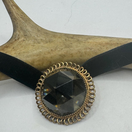 Vintage Deco Smoky Topaz Brooch Pin - Gold Filled with Black Velvet Choker - Simple Everyday Minimal Jewelry