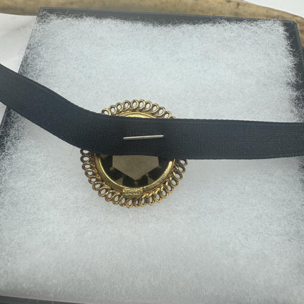 Vintage Deco Smoky Topaz Brooch Pin - Gold Filled with Black Velvet Choker - Simple Everyday Minimal Jewelry