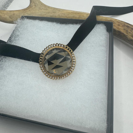 Vintage Deco Smoky Topaz Brooch Pin - Gold Filled with Black Velvet Choker - Simple Everyday Minimal Jewelry