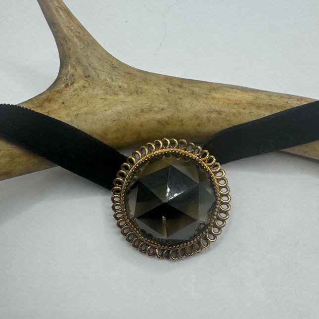 Vintage Deco Smoky Topaz Brooch Pin - Gold Filled with Black Velvet Choker - Simple Everyday Minimal Jewelry