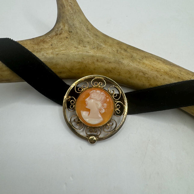 Vintage Deco Carved Cameo Brooch Pin - Gold Filled with Black Velvet Choker - Simple Everyday Minimal Jewelry