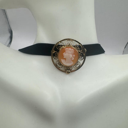 Vintage Deco Carved Cameo Brooch Pin - Gold Filled with Black Velvet Choker - Simple Everyday Minimal Jewelry