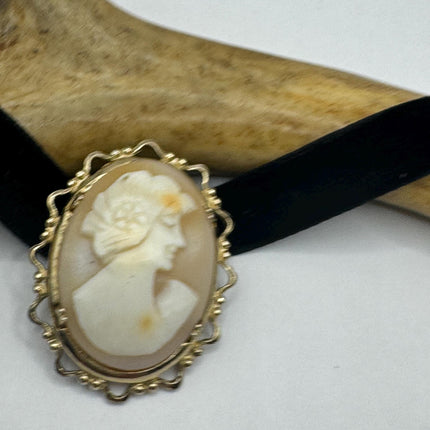 Vintage Gold Filled Cameo Pin Brooch Choker Black Velvet