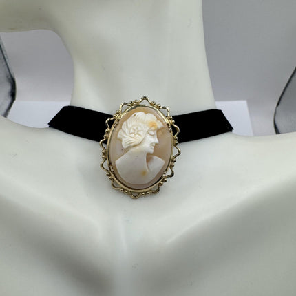 Vintage Gold Filled Cameo Pin Brooch Choker Black Velvet