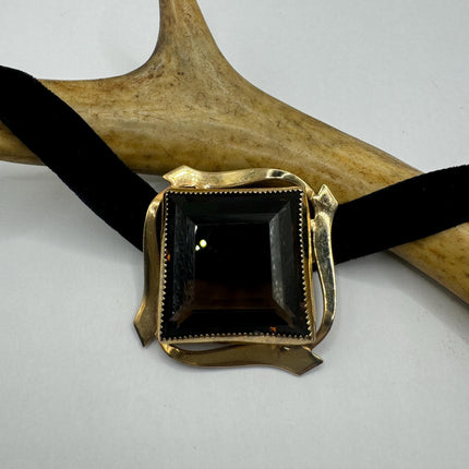 vintage lucky Deco Smoky Topaz Brooch Pin gold filled Black velvet choker small, simple every day minimal